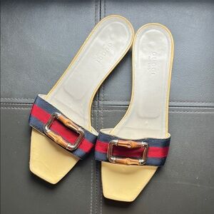Gucci Early 2000s Bamboo Collection Slide Sandals Web Stripe Bamboo Buckle 7.5